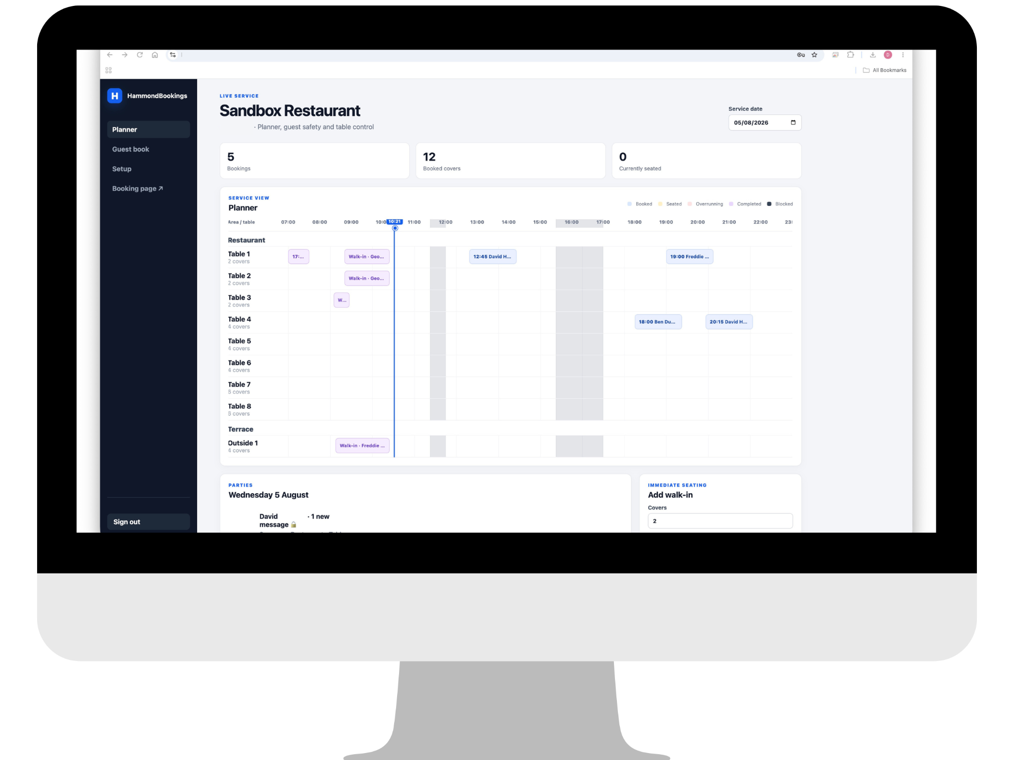 HammondBookings live service planner showing restaurant bookings, walk-ins and table occupancy